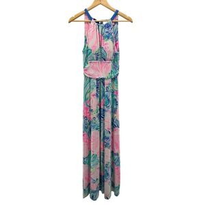 Lilly Pulitzer Martina Maxi Dress Pink Blue‎ Swirl Print Halter Tie Back Size S